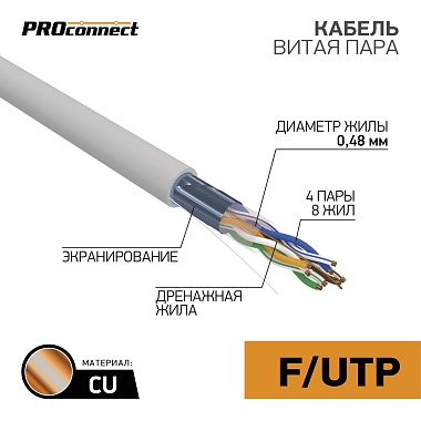 Кабель FTP 4 x 2 x 0,48мм, cat 5e, 1м.,  PROCONNECT