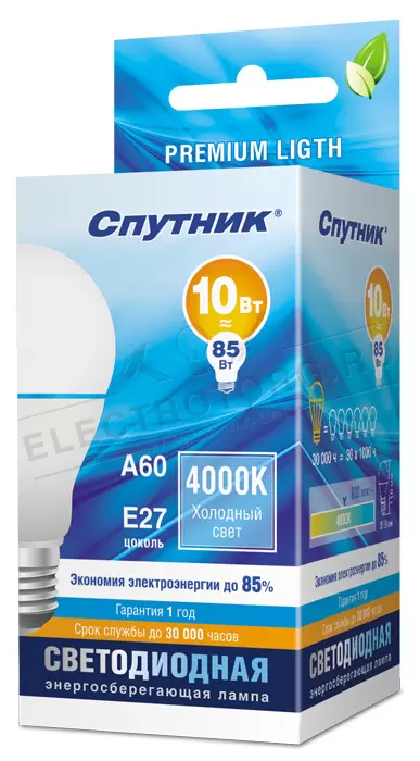 Светодиодная лампа LED A60 10W/4000K/E27, Спутник в Жигулёвске